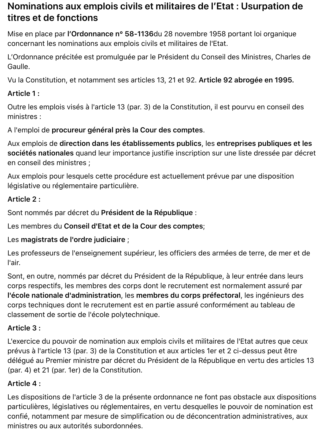 Nomination emplois civils militaires