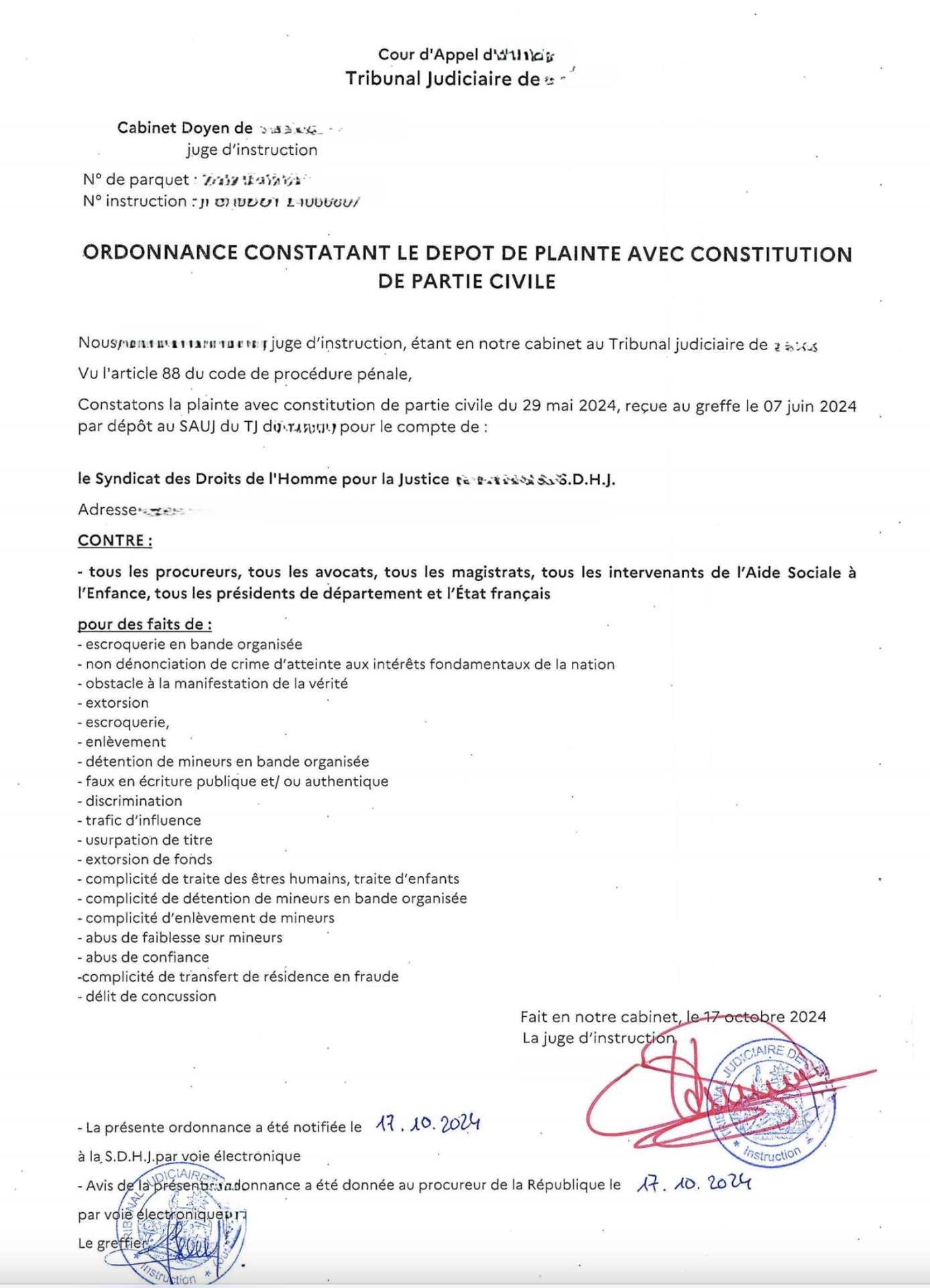 Ordonnance constatant les depots de plainte