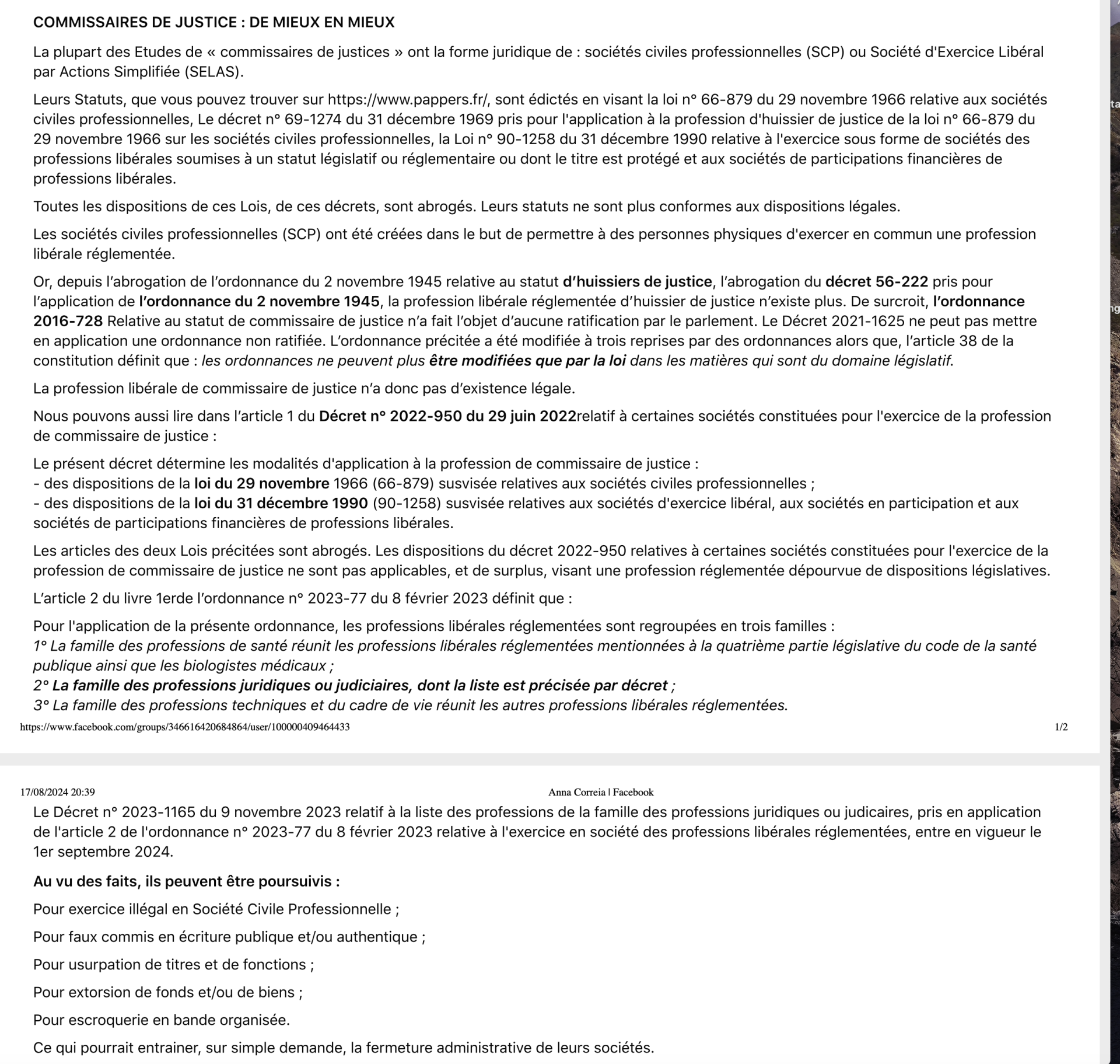 Statuts commissaires justice abrige